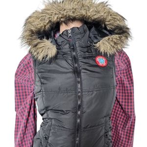 Aeropostale Black Fur Hooded Vest Jacket S/P